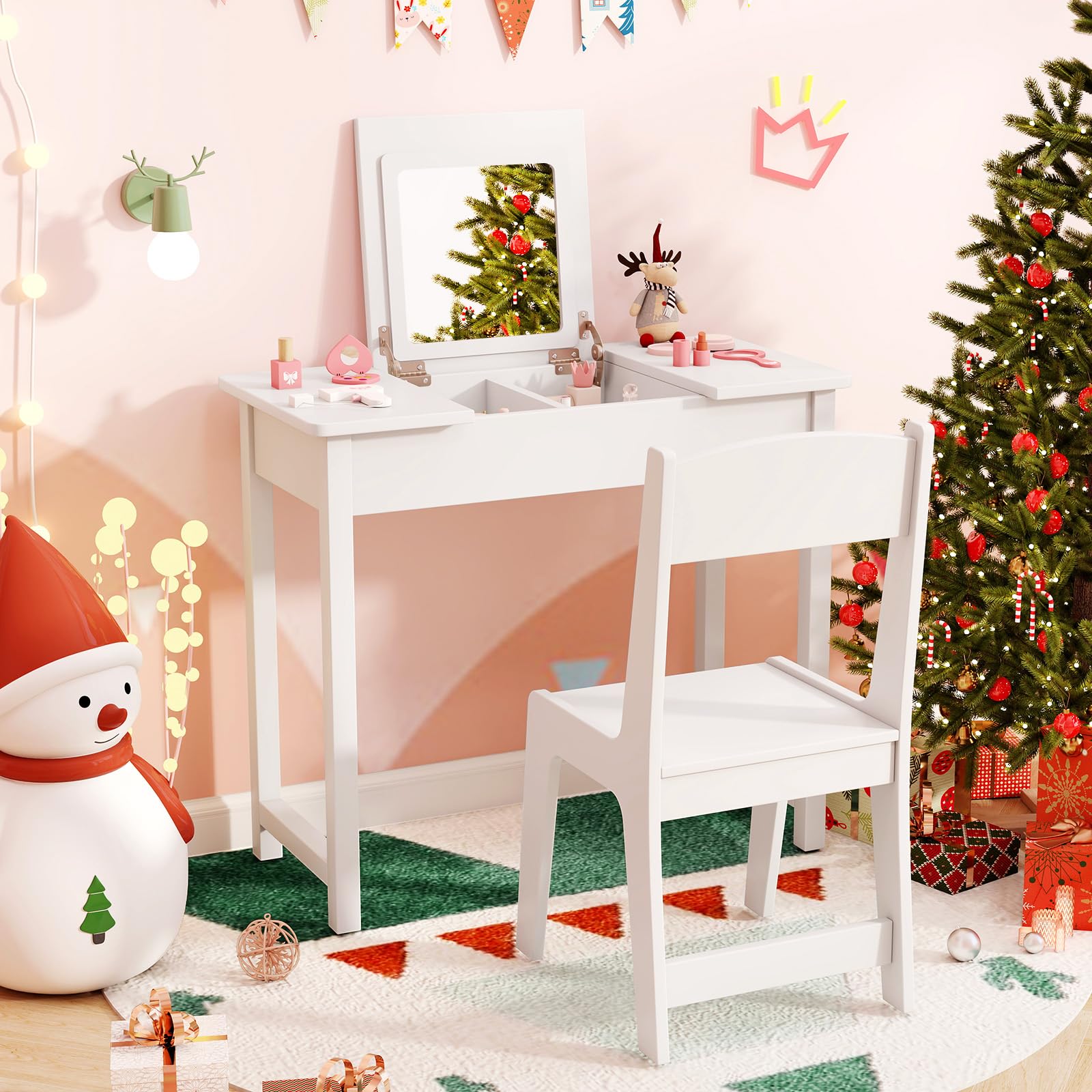 HONEY JOY Kids Vanity, Wooden Girls Vanity Desk with Flip Top Mirror, Hidden Storage Space, Toddler Makeup Vanity Dressing Table