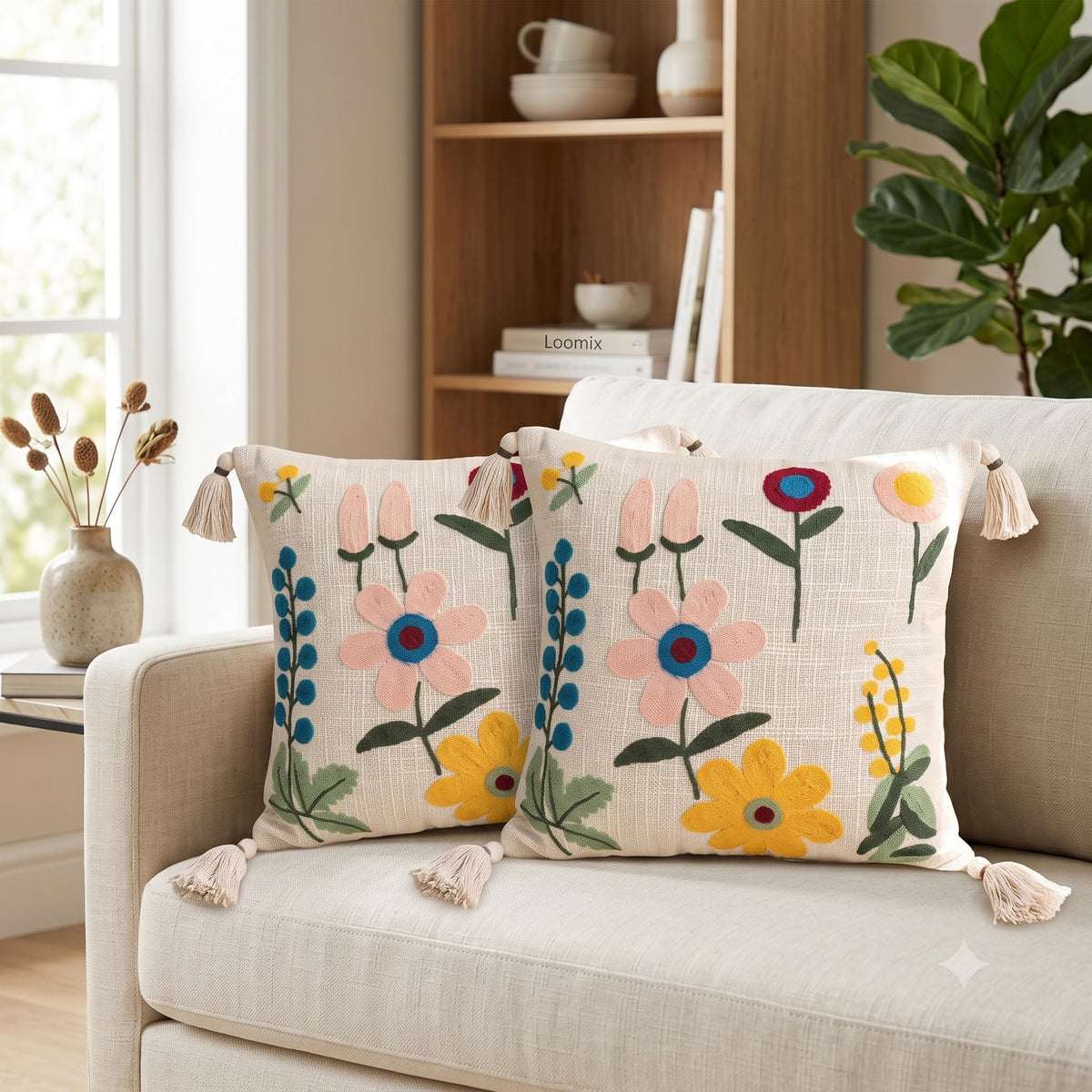 Loomix Cotton Linen Hand Embroidery Decorative Boho Cushion Cover 16X16 Inch Set Of 2 | Hidden Zipper | Breathable | Washable