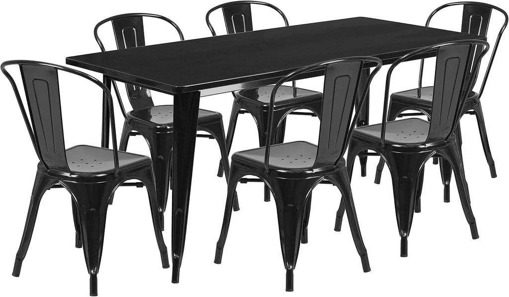Commercial Grade 31.5 x 63 Rectangular Black Metal Indoor-Outdoor Table Set with 6 Stack Chairs