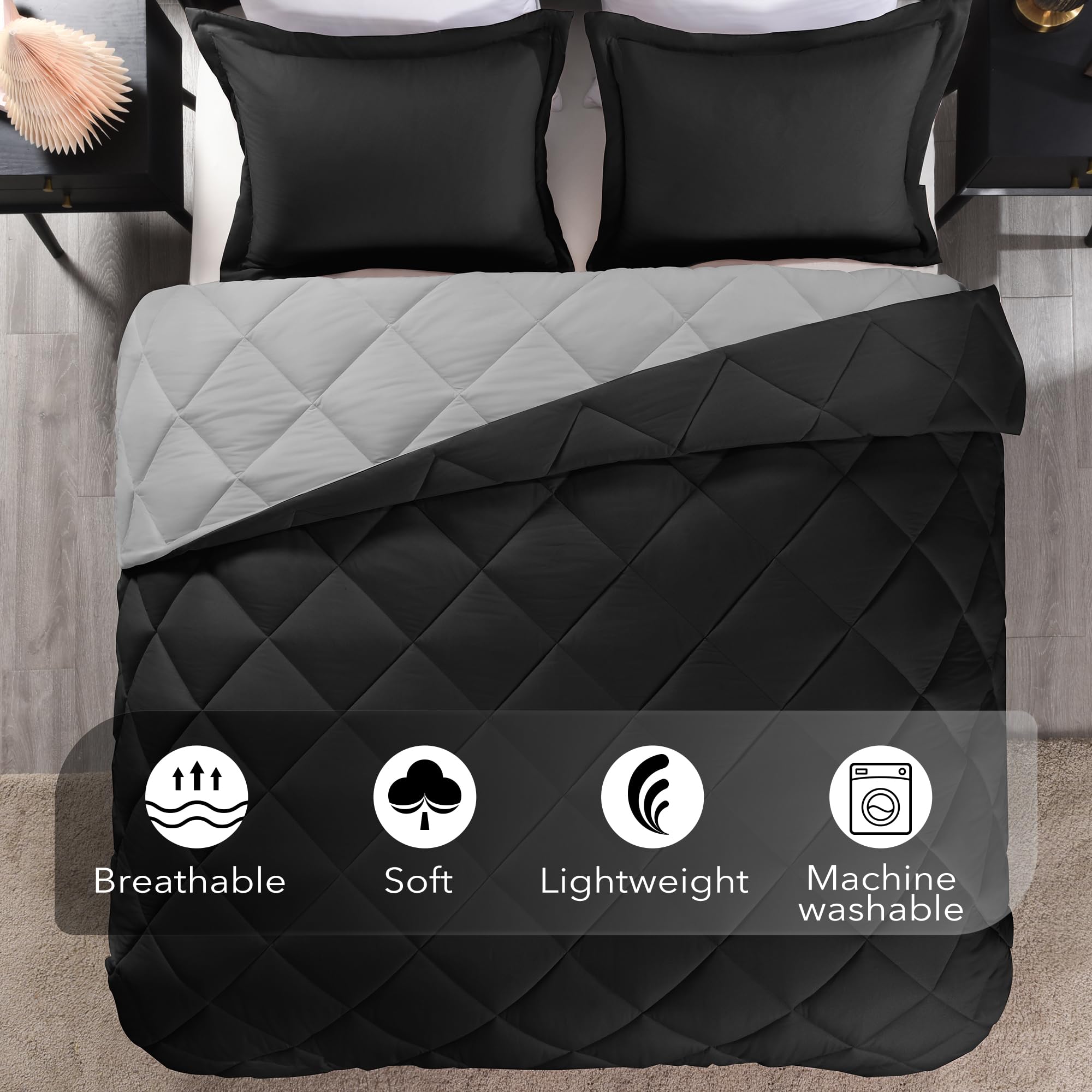 Downluxe California King Comforter Set - Black And Grey Cal King Comforter Set, Soft Bedding Sets For All Seasons - 3 Pieces - 1 Comforter (104'X96') And 2 Pillow Shams(20'X36')