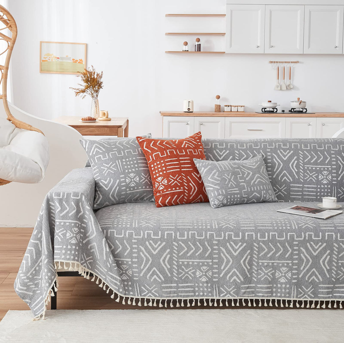 Handontime Bohemian Couch Cover For Dogs Aztec Tribal Sofa Covers For 3 Cushion Couch Aesthetic Couch Slipcover Chenille Sofa Seat Cover Pet Universal Loverseat Cover Futon Cover 71' X118', Grey/White