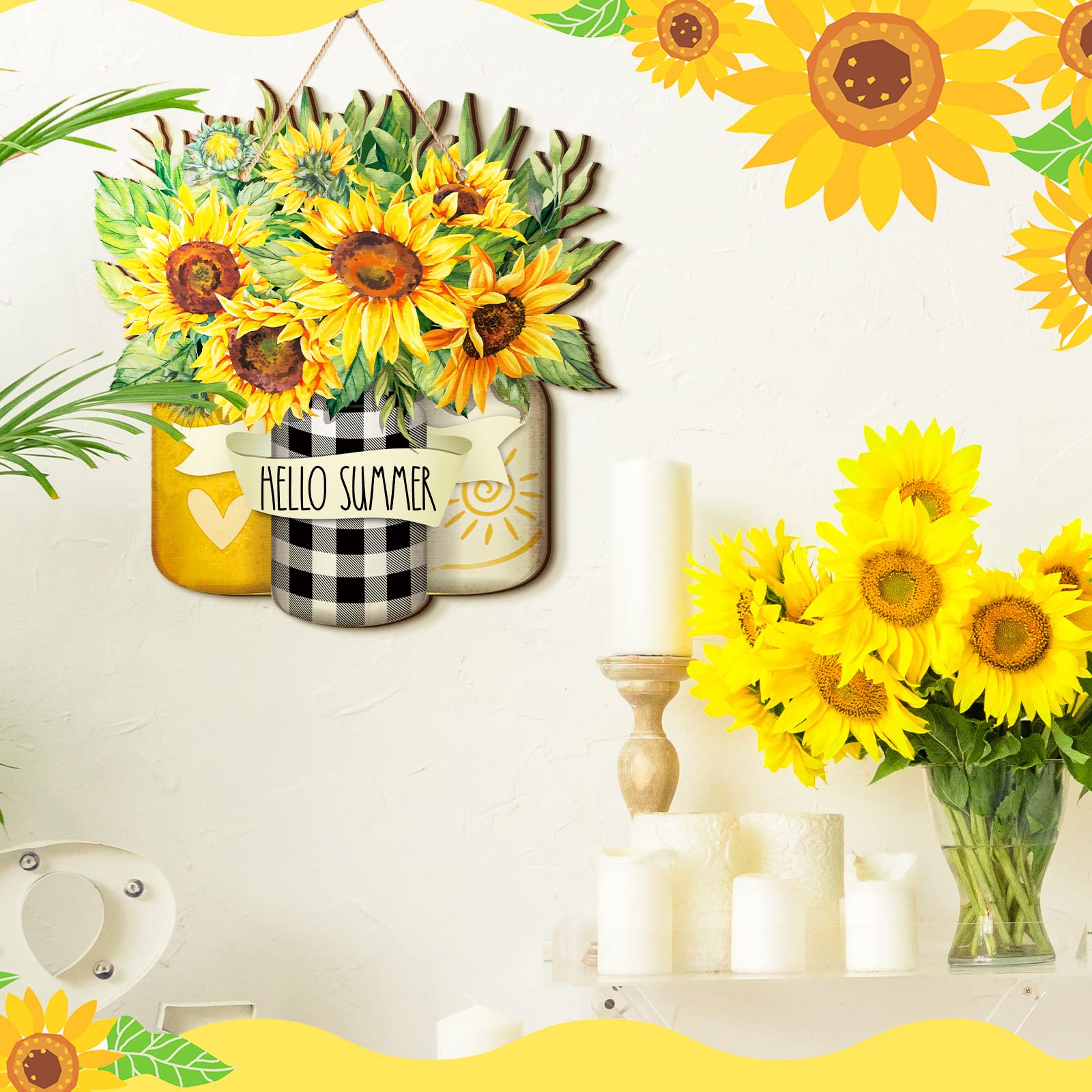 Karenhi Sunflower Hello Summer Sign Welcome Wood Flower Sign Front Door Decor Inspirational Wood Hanging Door Sign Outdoor Woode