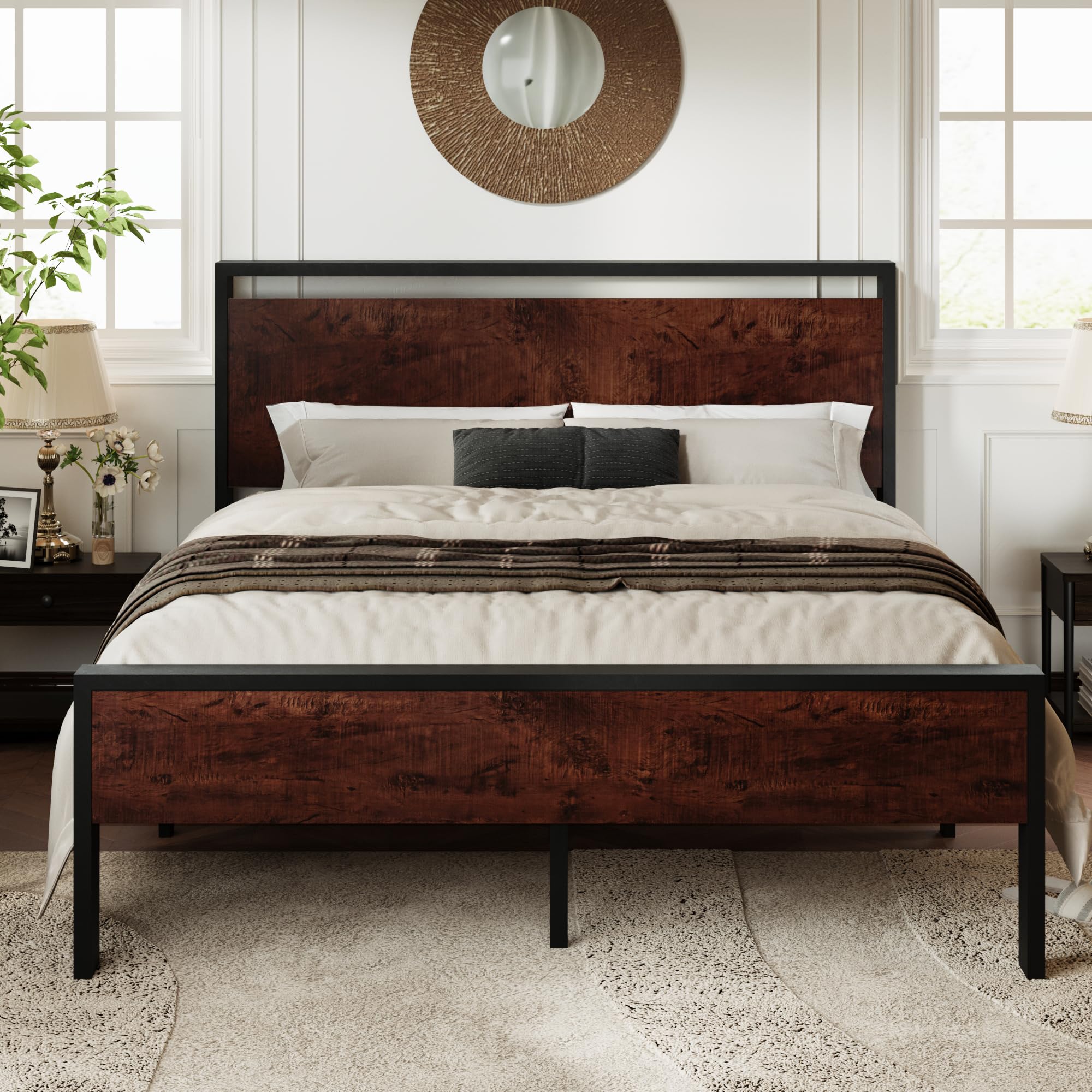 Allewie Full Size Platform Bed Frame With Wooden Headboard And Footboard, Heavy Duty 12 Metal Slats Support, No Box Spring Needed, Under Bed Storage, Non-Slip Without Noise, Easy Assembly, Mahogany