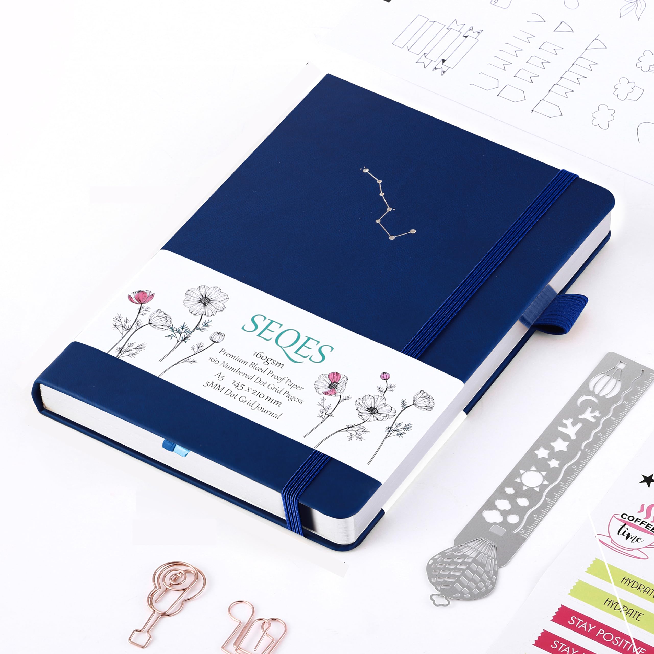 Seqes Bullet Dotted Journal - A5 Dot Grid Notebook With Pages Number,160Gsm Bleedproof Paper,Silver Edge And Pu Leather For Pers
