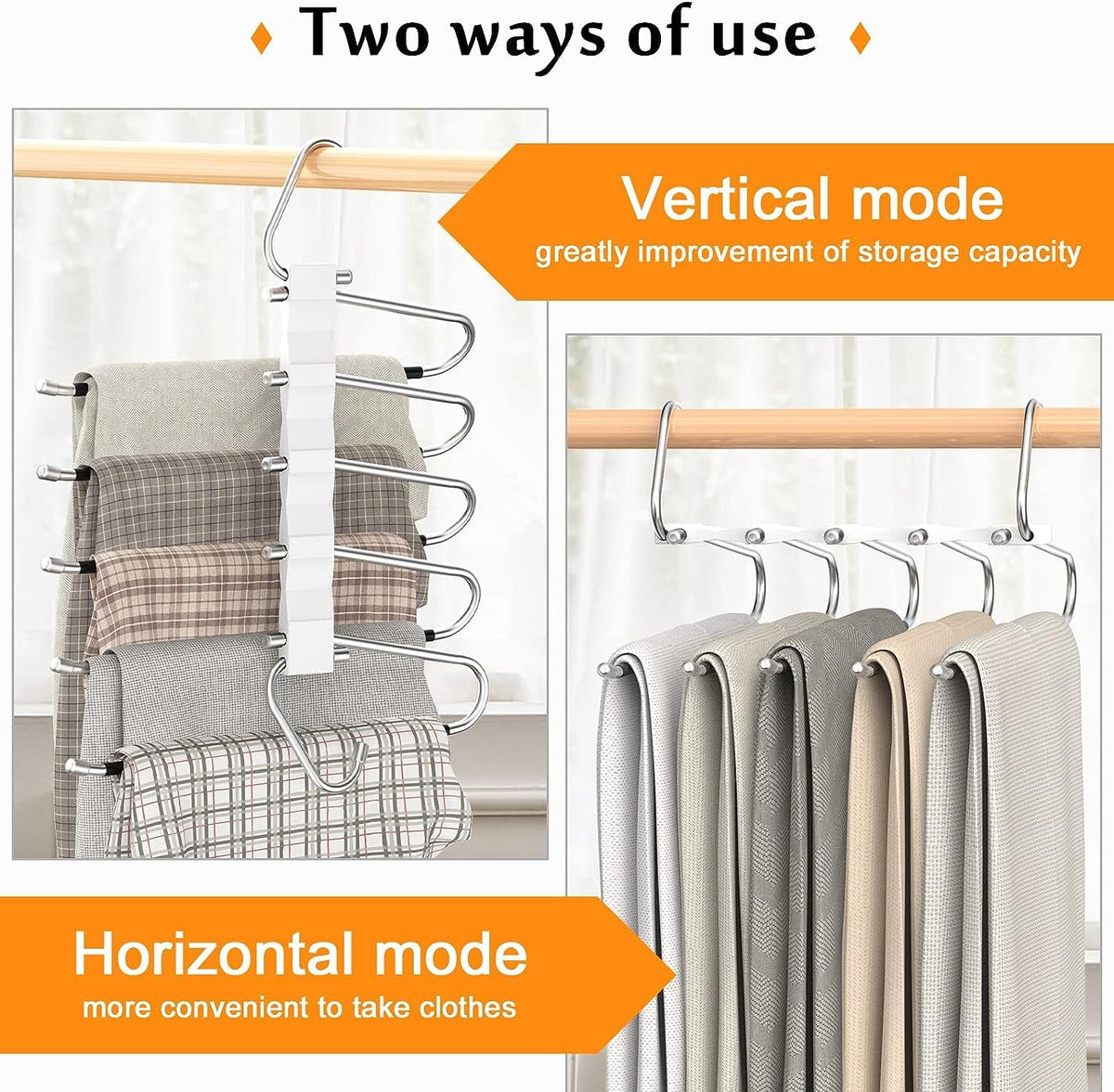 Loretoy 4 Pack Pants Hangers Space Saving, Anti-Slip Multi-Functional Pants Rack, Thickened Stainless Steel Tube Two Hanging Mod