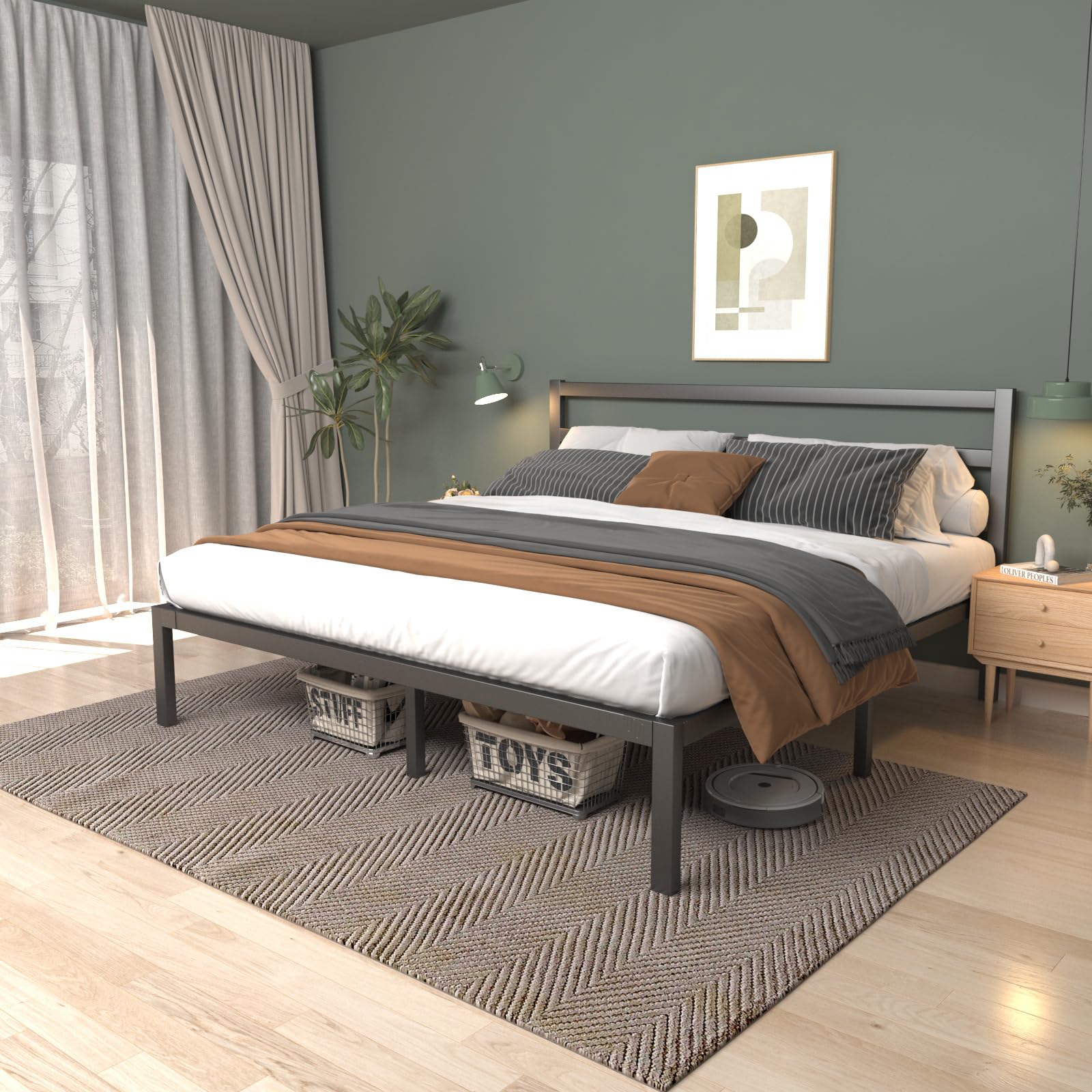 LoVinson Queen Metal Platform Bed Frame with Metal Slats, Classic Style Headboard and Footboard/Under Bed Storage/Mattress Found