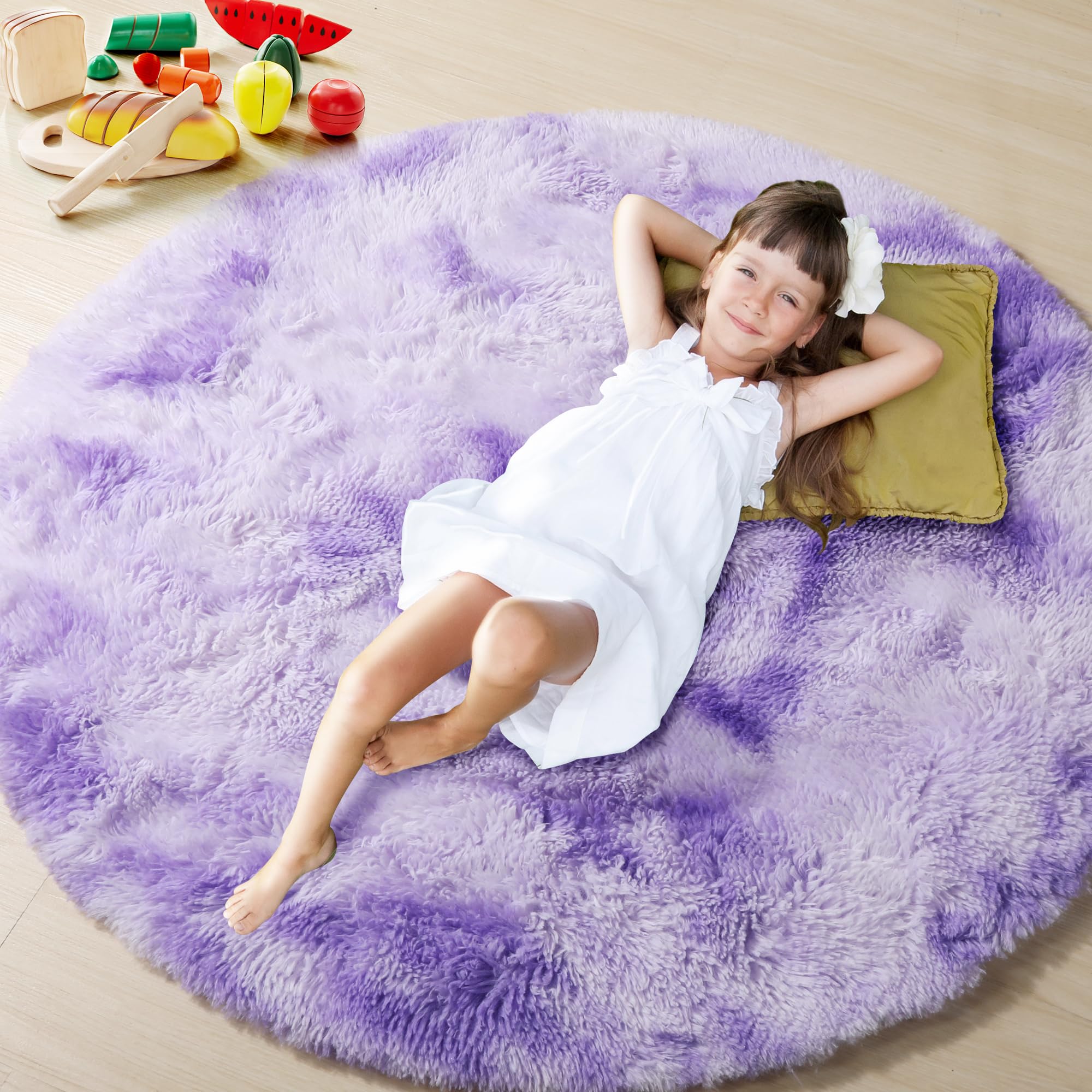 ONASAR Tie-Dyed Purple Round Area Rug 4ft, Soft Bedroom Circle Rugs Floor Mats for Kids Girls Teen Room, Kawaii Fluffy Plush Sha