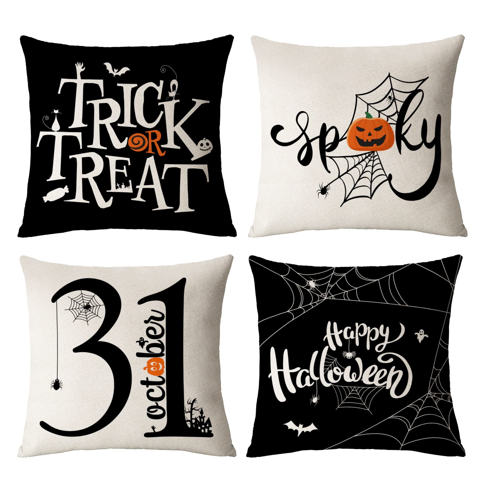Halloween Pillow Covers 18X18 Set Of 4 Trick Or Treat Decorative Throw Pillows Cover Black Spider Webs Pillow Cases Home Outdoor