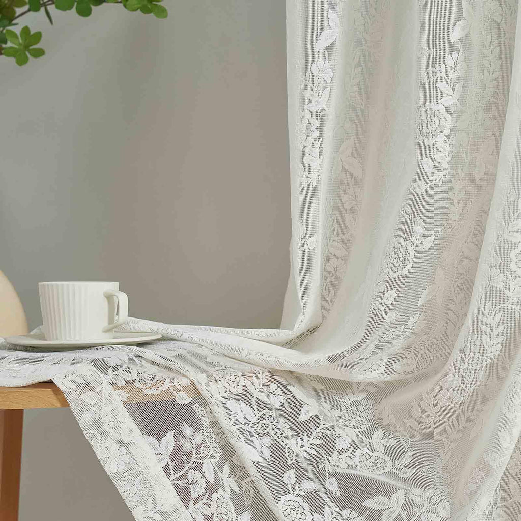 Finecity Extra Long Sheer Lace Curtains 120 Inches Long, Vintage Rustic Leaf Floral Knitted Lace Curtains For Living Room, Rod P