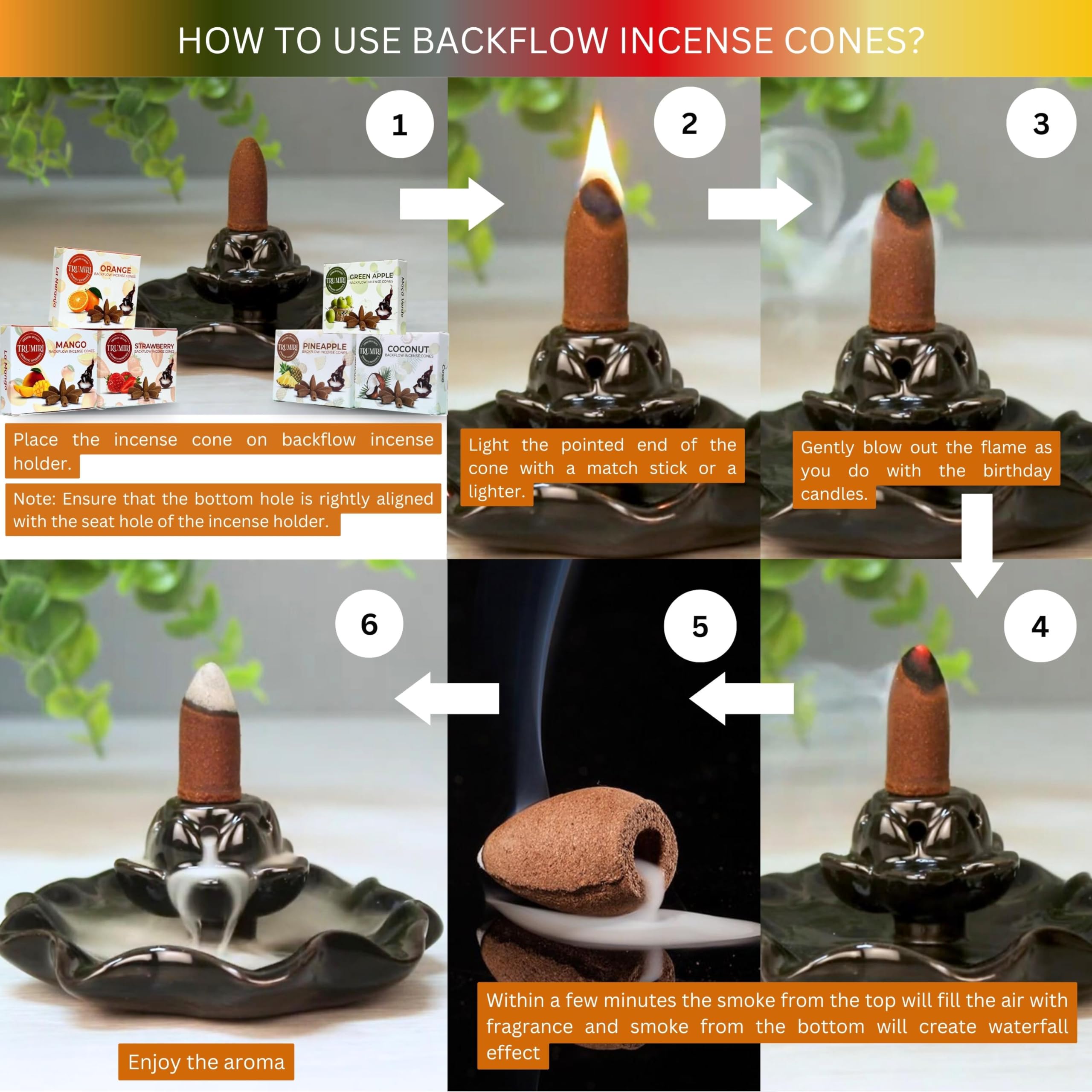 Fruity - Backflow Incense Cones For Waterfall - Scented Inscents-Cones - Pineapple, Strawberry, Coconut, Mango, Apple, Orange -