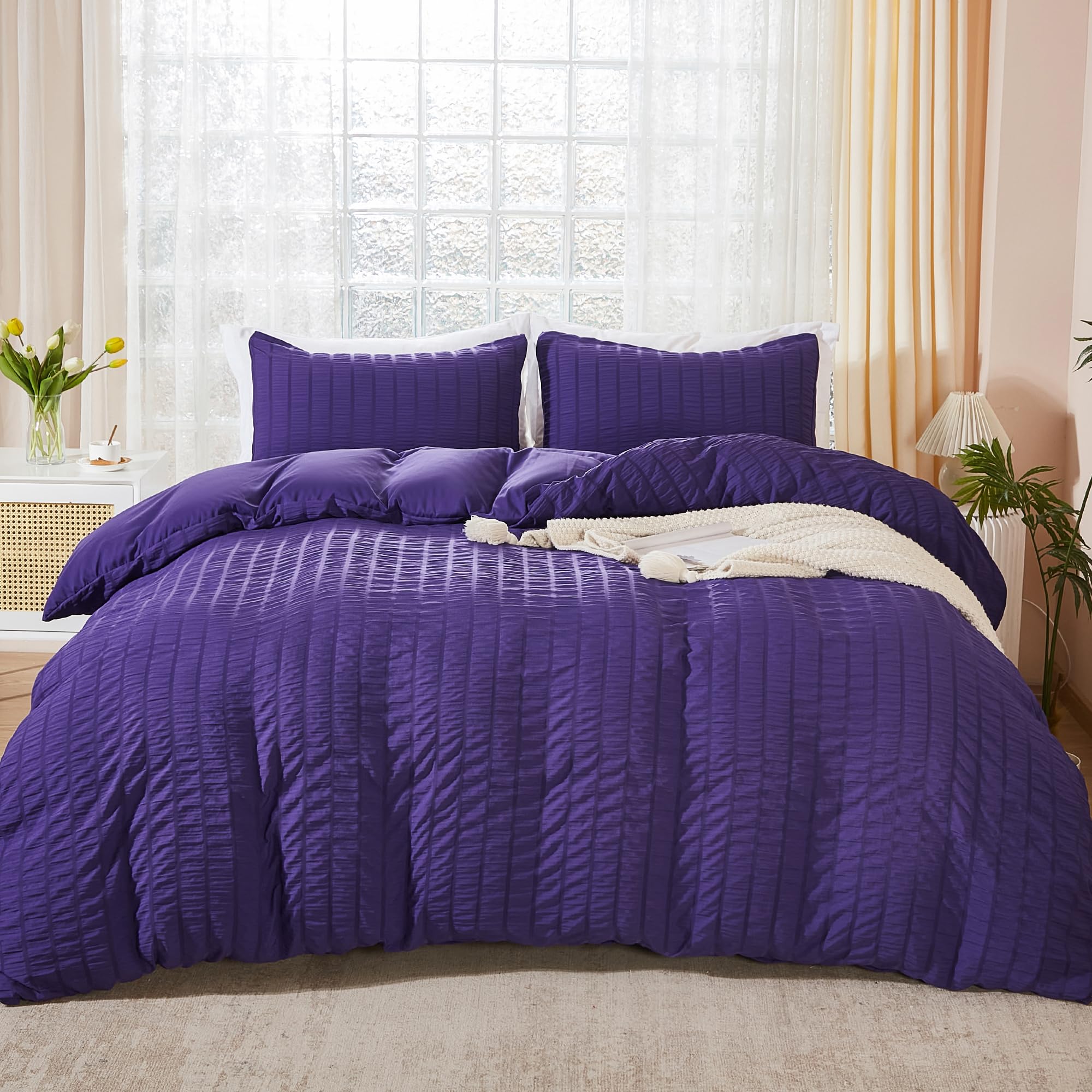Avelom Dark Purple Duvet Cover King(104 X 90 Inches), 3 Pieces (1 Duvet Cover, 2 Pillow Cases), Seersucker Striped Soft Washed Microfiber Textured Duvet Cover Set With Zipper Closure, Corner Ties