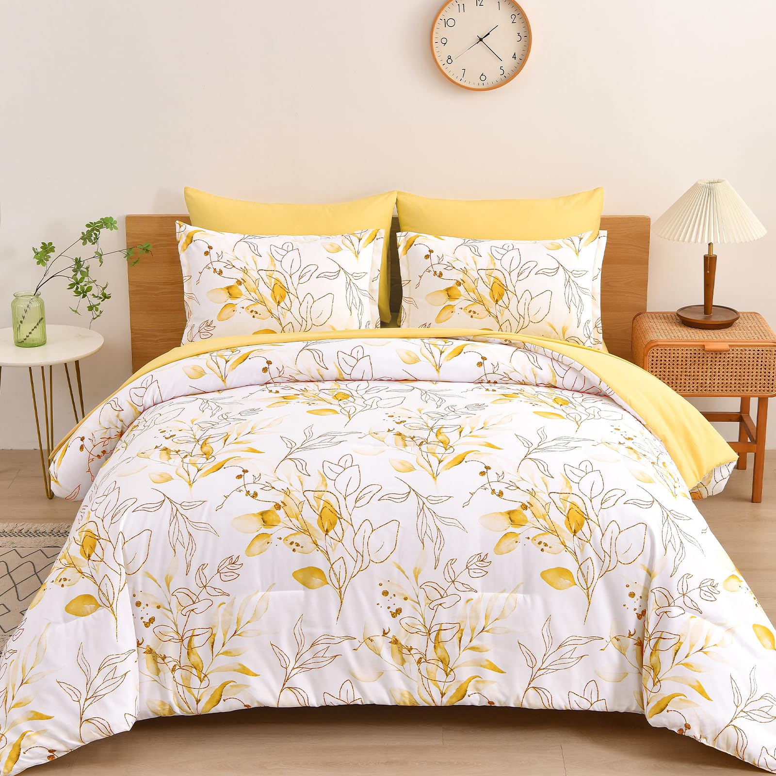 WONGS BEDDING Yellow Botanical Comforter Set Queen, 7 Pieces Floral Bed in a Bag Gloden Leaves Bedding Set Soft Microfiber Queen