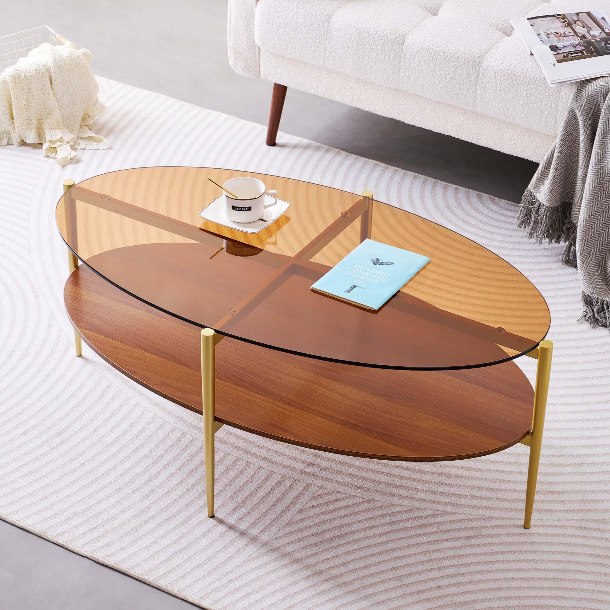 LumFurn Oval Glass Coffee Table, Mid-Century Modern Design, L43 x W22 x H17 inch, 2-Tier Structure, Olive Shaped Amber Glass Top
