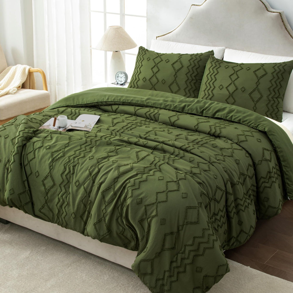 Andency Olive Green Tufted Comforter Set Full(79X90Inch), 3 Pieces(1 Boho Comforter, 2 Pillowcases) Textured Farmhouse Comforter, Soft Microfiber Down Alternative Geometric Comforter Bedding Set