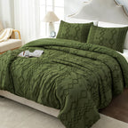 Andency Olive Green Tufted Comforter Set Full(79X90Inch), 3 Pieces(1 Boho Comforter, 2 Pillowcases) Textured Farmhouse Comforter, Soft Microfiber Down Alternative Geometric Comforter Bedding Set