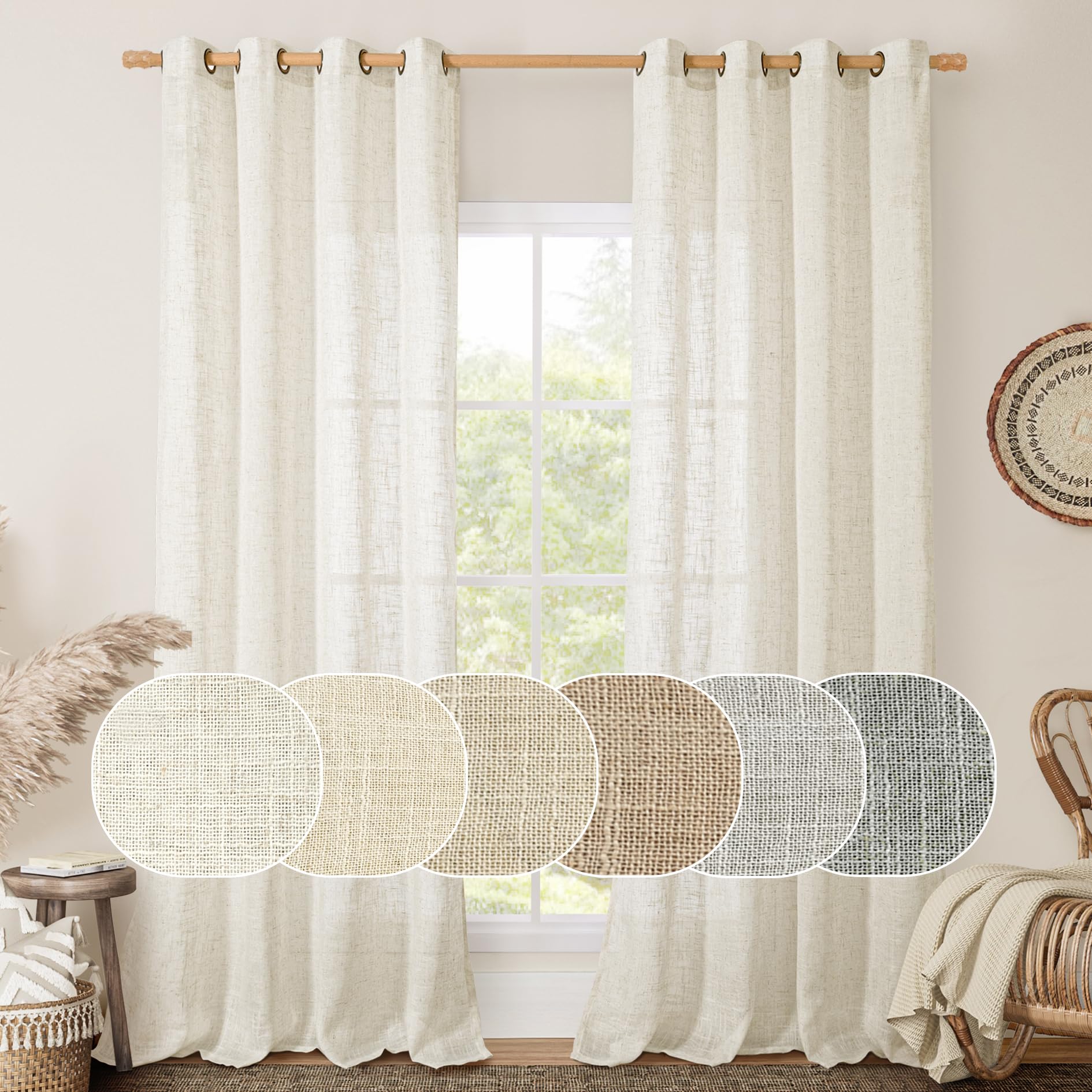 Lamit Natural Cream Ivory Long Linen Curtains For Living Room, 108 Inches Long Bronze Grommet Light Filtering Window Textured Ne
