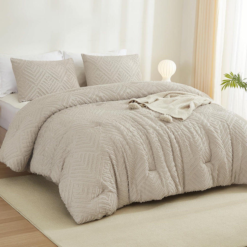 Litanika Oatmeal King Size Comforter Set, 3 Pieces Tufted Boho Farmhouse Bedding Comforter Sets, Lightweight Fluffy Comforter Be