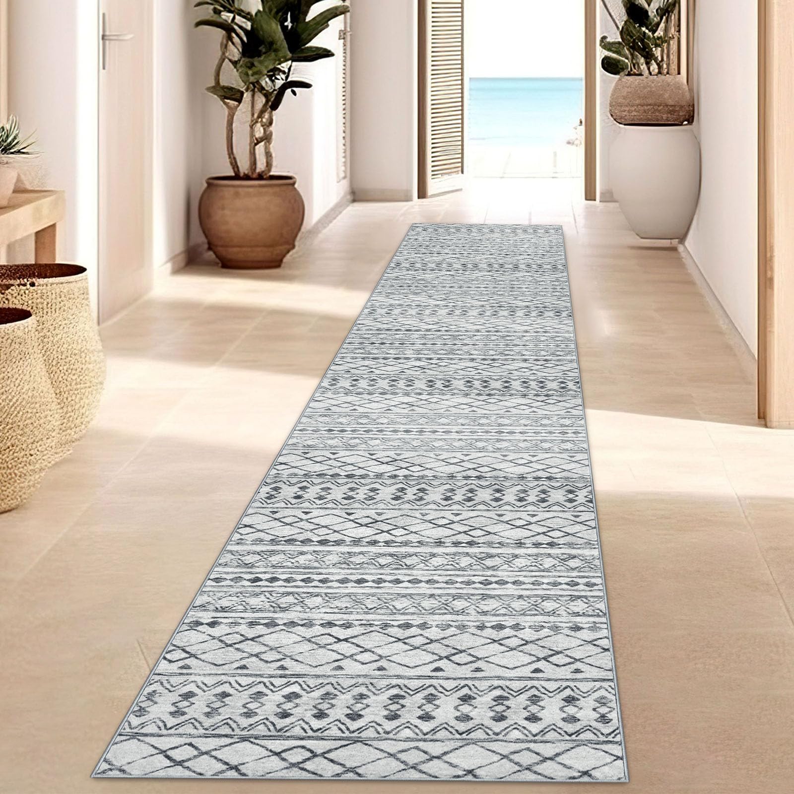 KUTA Boho Hallways Runner Rugs 2x12, Moroccan Washable Runner Rug Non-Slip Vintage Grey Kitchen Rug 12ft Ultra Soft Distressed G
