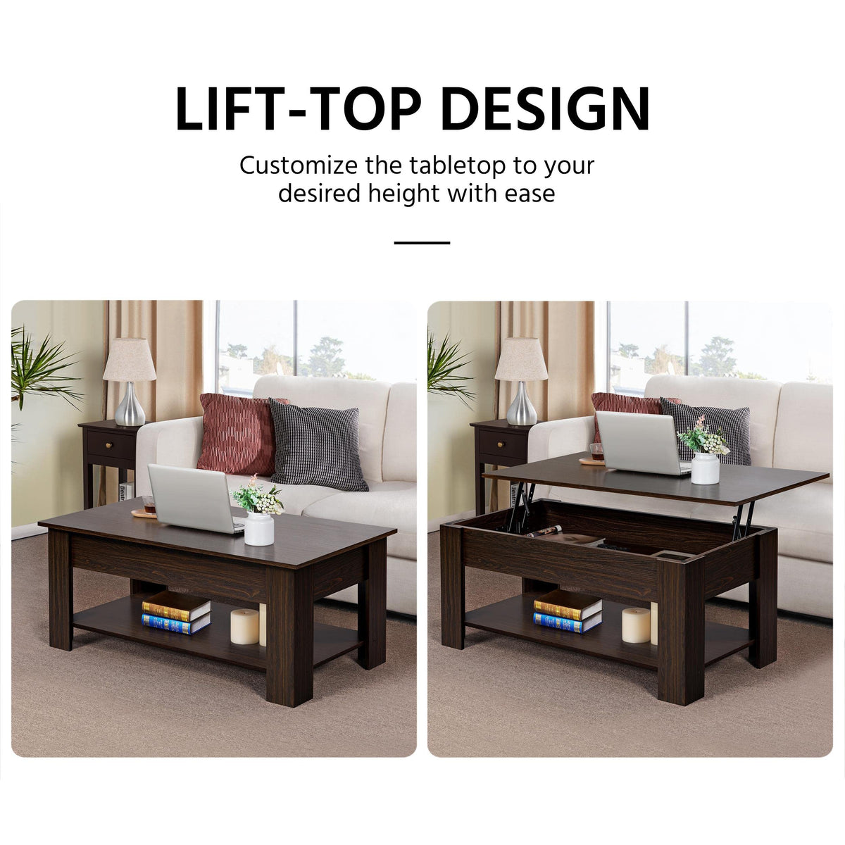 Yaheetech Lift Top Coffee Table With Hidden Compartment And Storage Shelf, Rising Tabletop Dining Table For Living Room Reception Room, 47.5In L, Espresso