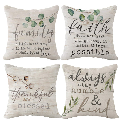 (Rb) Thankful And Blessed Throw Pillow Case, 18 X 18 Inch Set Of 4, Housewarming Gifts Family Room Decor, Farm Porch Bench Decor