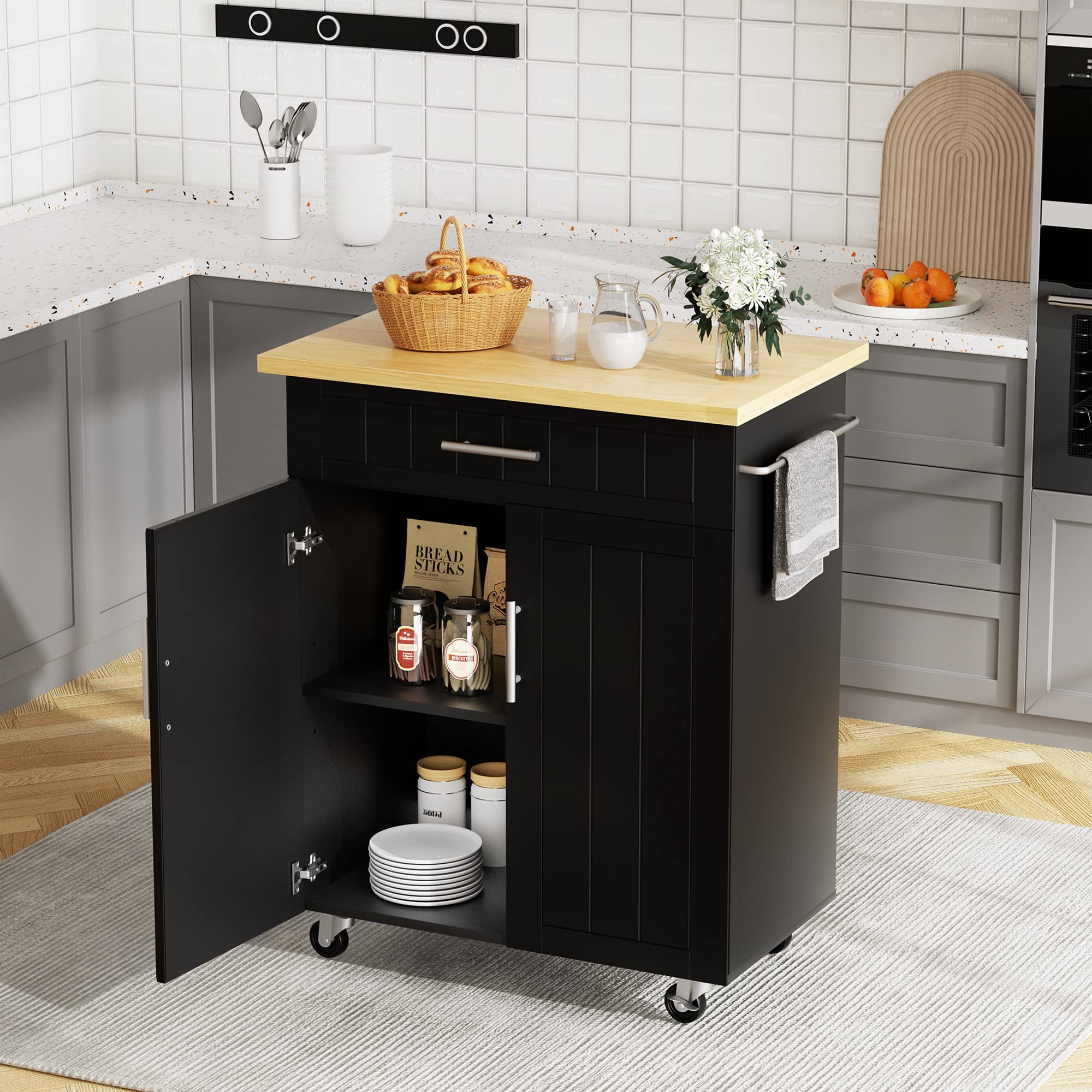 Jy Qaqa 26' Kitchen Island On Wheels With Storage Cabinet Kitchen Cart Cabinet With Shelves, Cart Handle For Towel Rack Or Free