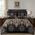 Mybedsoul 7 Pieces Black Comforter Set King Size, Gold Damask Bed In A Bag For King Bed, Lightweight Microfiber Boho Bedding Set