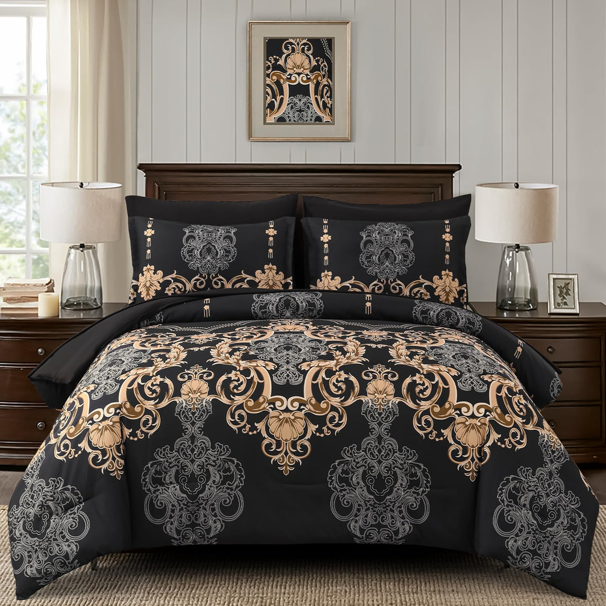 Mybedsoul 7 Pieces Black Comforter Set King Size, Gold Damask Bed In A Bag For King Bed, Lightweight Microfiber Boho Bedding Set