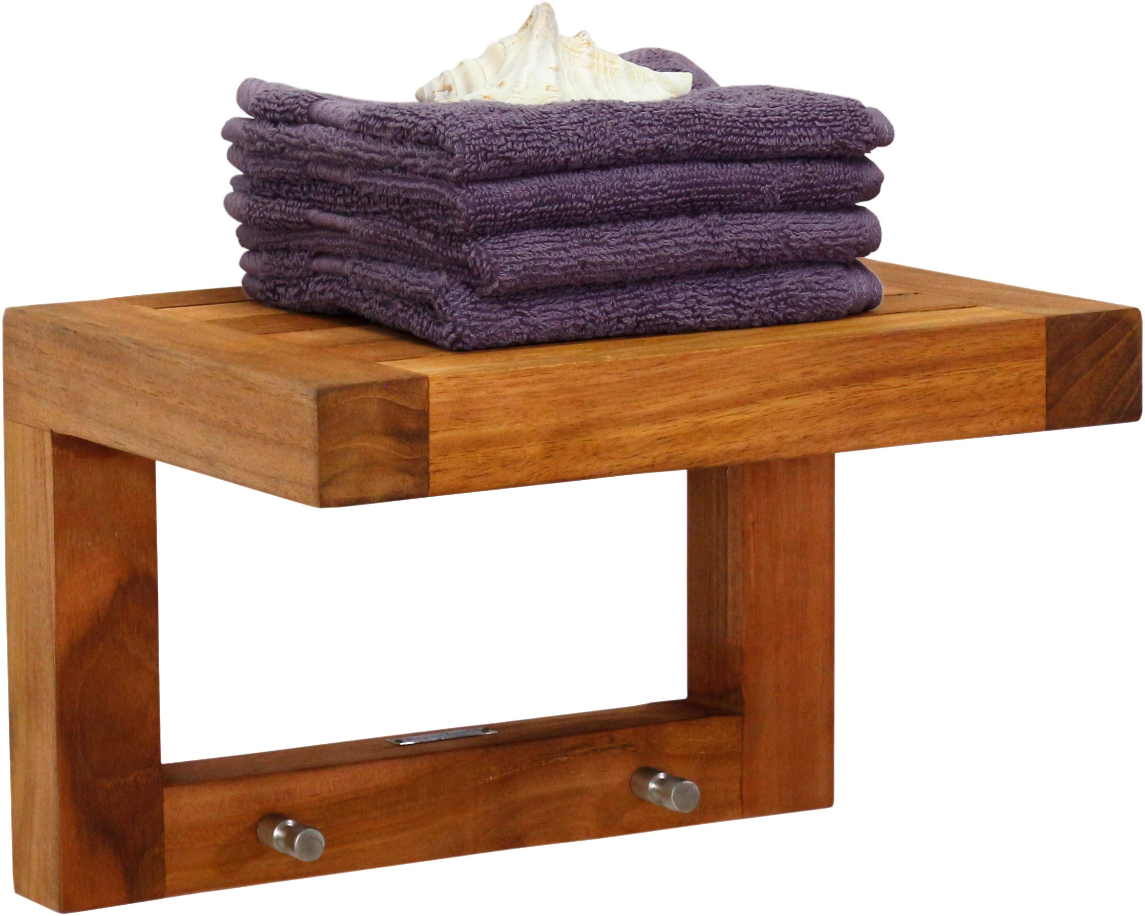 AquaTeak 12 Moa Teak Flat Wall Shelf with Hooks
