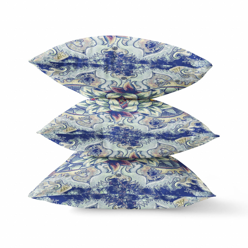 HomeRoots Blue Gray Yellow Red 20â€ Blue Gray Flower Bloom Suede Throw Pillow