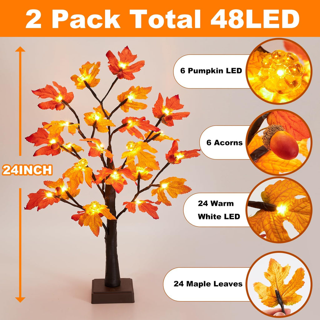 [ 2 Pack & Timer ] Beterzack 24 Inch Artificial Fall Lighted Maple Tree Decor, Total 48 Led Battery/Usb Operated Pumpkins Acorns