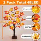 [ 2 Pack & Timer ] Beterzack 24 Inch Artificial Fall Lighted Maple Tree Decor, Total 48 Led Battery/Usb Operated Pumpkins Acorns