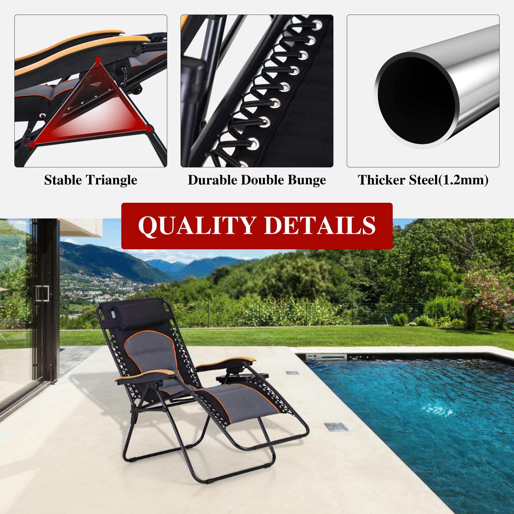 PHI VILLA Oversize Padded Zero Gravity Lounge Chair Black Red Steel Alloy