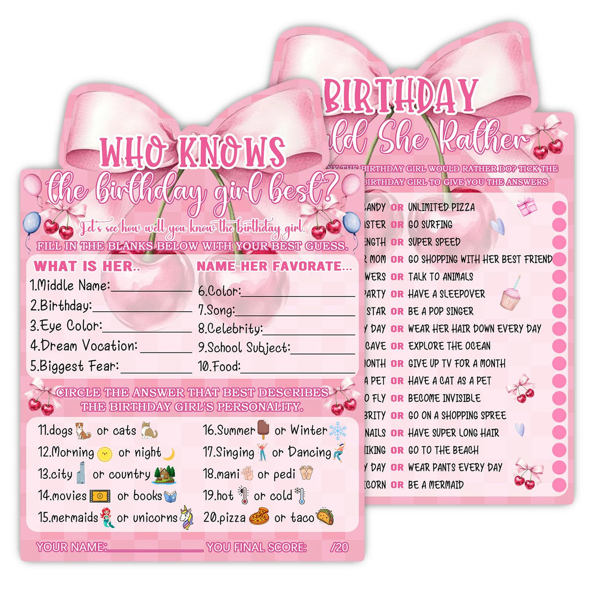 MUZRUYOU Pink Bow Cherry Themed Girl s Sleepover Party Supplies - Girl s Birthday Night Game Ideas - Who Knows The Birthday Gi