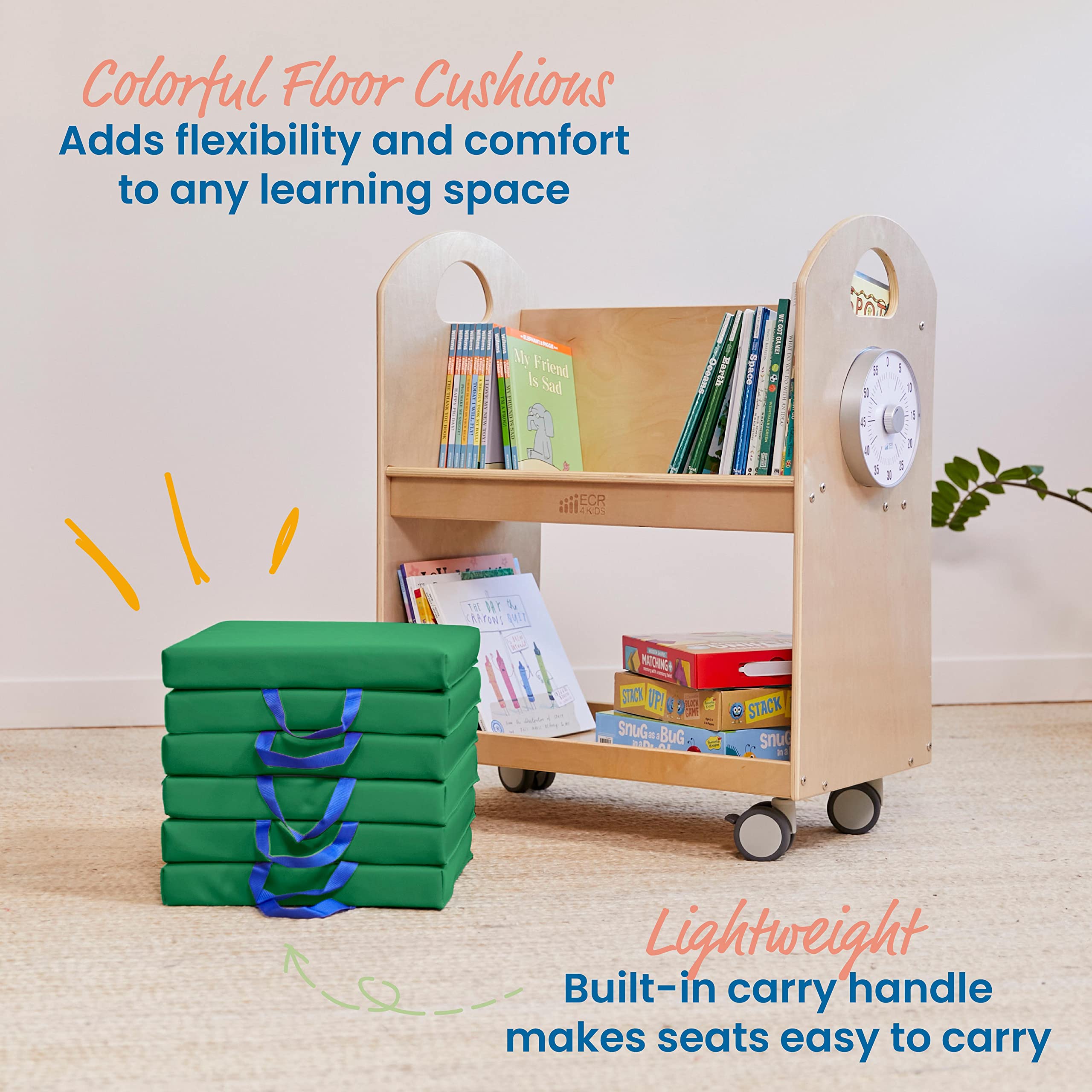 Ecr4Kids Softzone Floor Cushions, Square, Flexible Seating, Green, 6-Piece