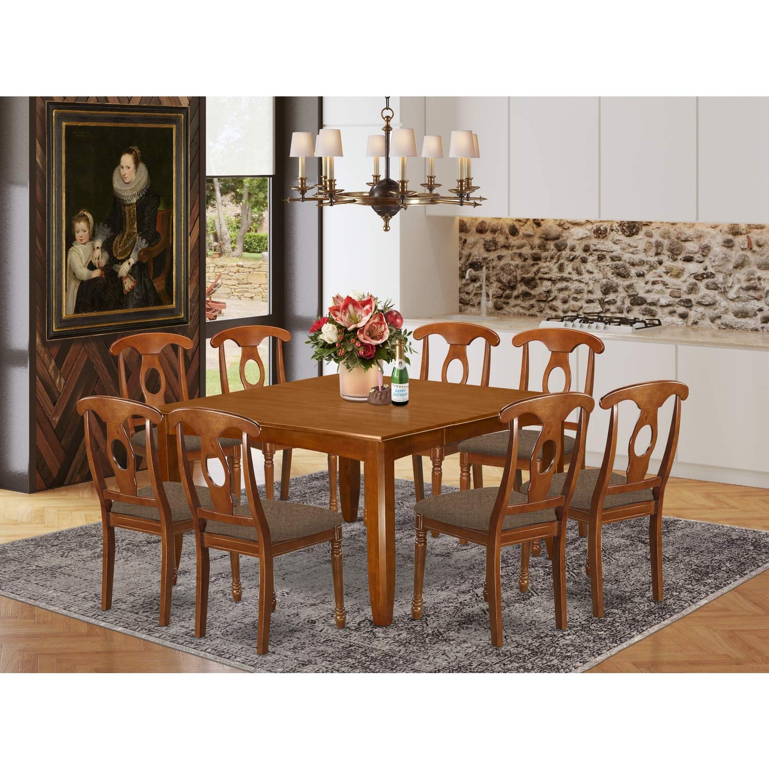 East West Furniture PFNA9-SBR-C 9 Piece Kitchen Table & Chairs Set Includes a Square Dining Table with Butterfly Leaf and 8 Linen Fabric Dining Room Chairs, 54x54 Inch, Saddle Brown