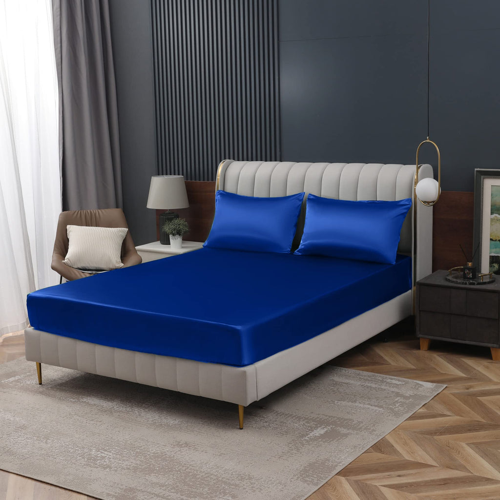 Homiest Royal Blue Satin Fitted Sheet Twin Size Fitted Bed Sheet, Deep Pocket Fitted Sheet Only, Luxury & Ultra Soft Bedding Fitted Sheet Single Bottom Bed Sheets Sold Separately