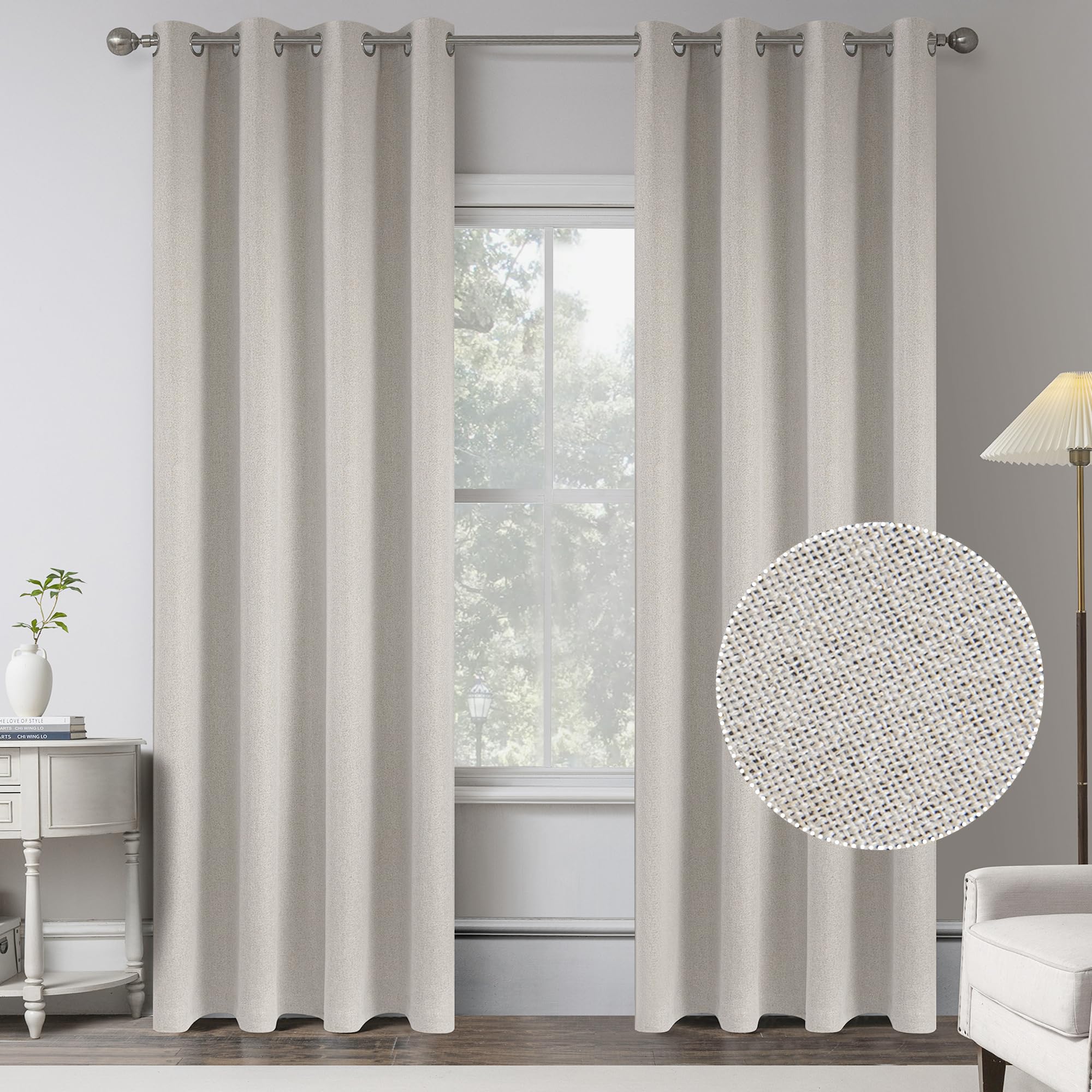 Light Beige Linen 100% Blackout Curtains 84 Inch Length For Bedroom Burg -2 Panels Burlap Textured Room Darkening Thermal Insula