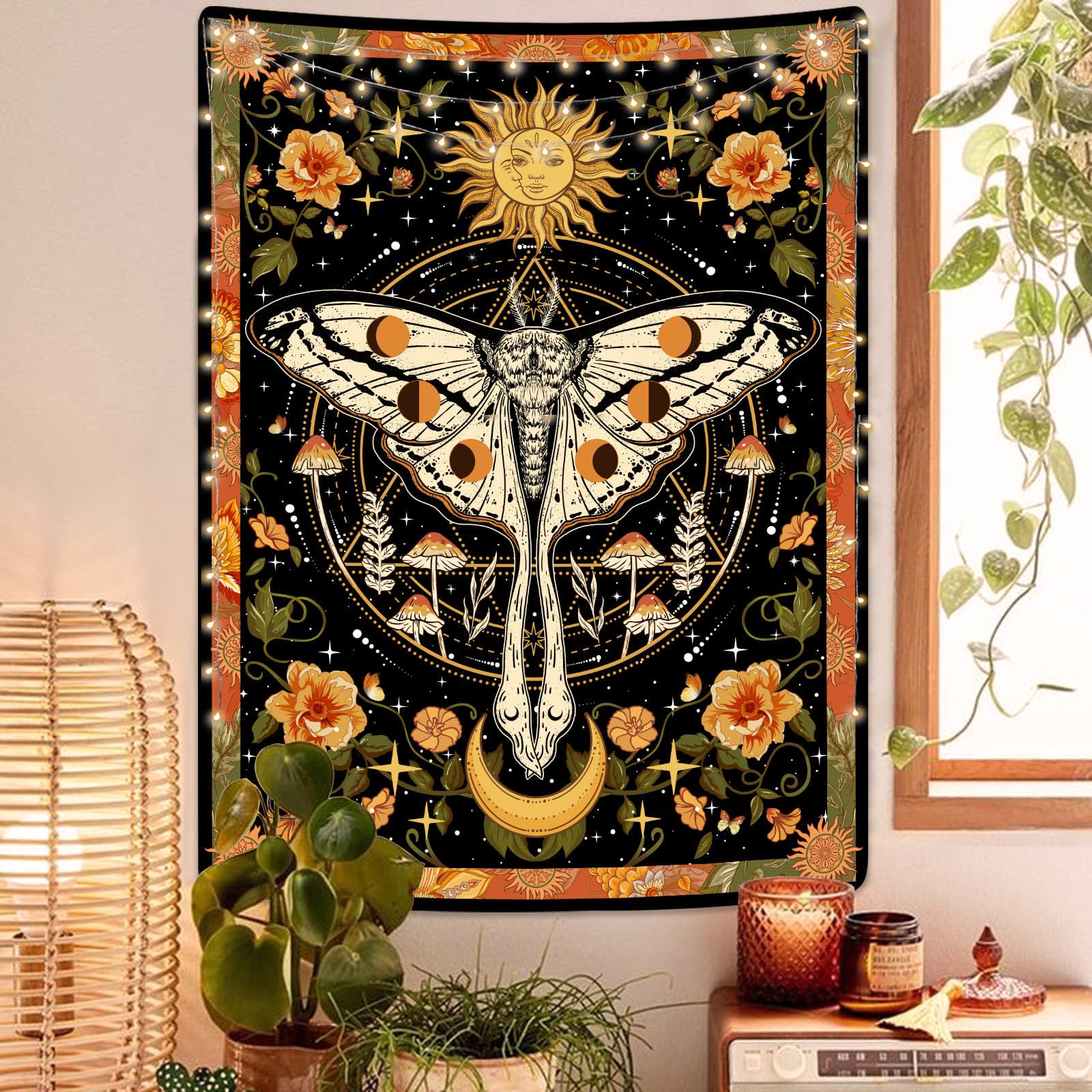 Aipon Orange Moth Tapestry Boho Retro Floral Flowers Tapestries Aesthetic Vintage Mushroom Tapestry Bedroom Indie Verti1Cal Ta1P