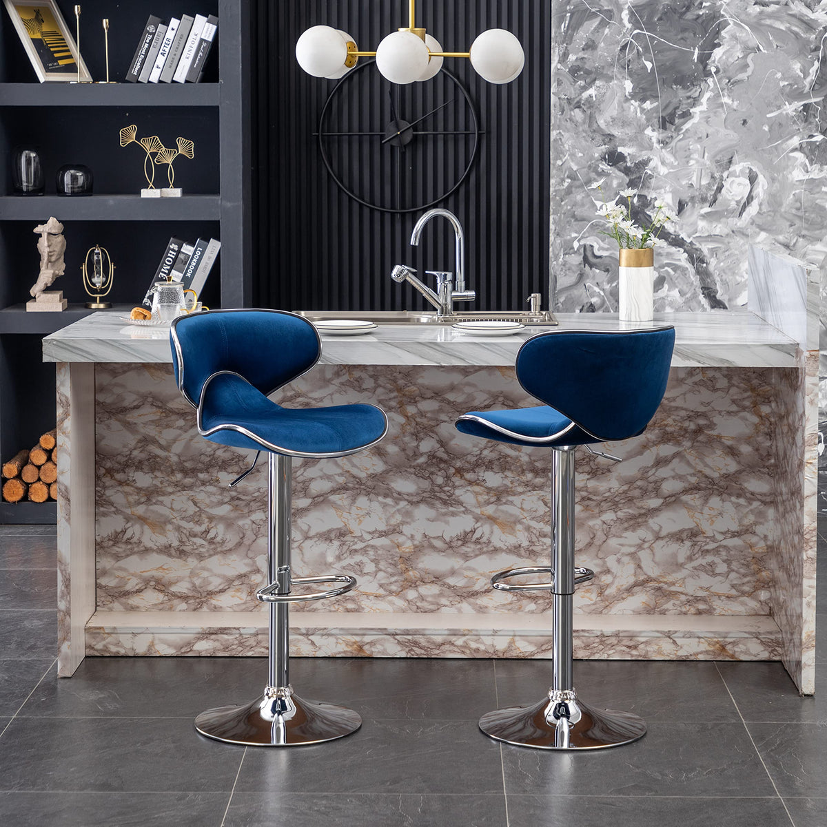 Masaccio Velvet Upholstered Adjustable Swivel Barstool, Set Of 2, Blue