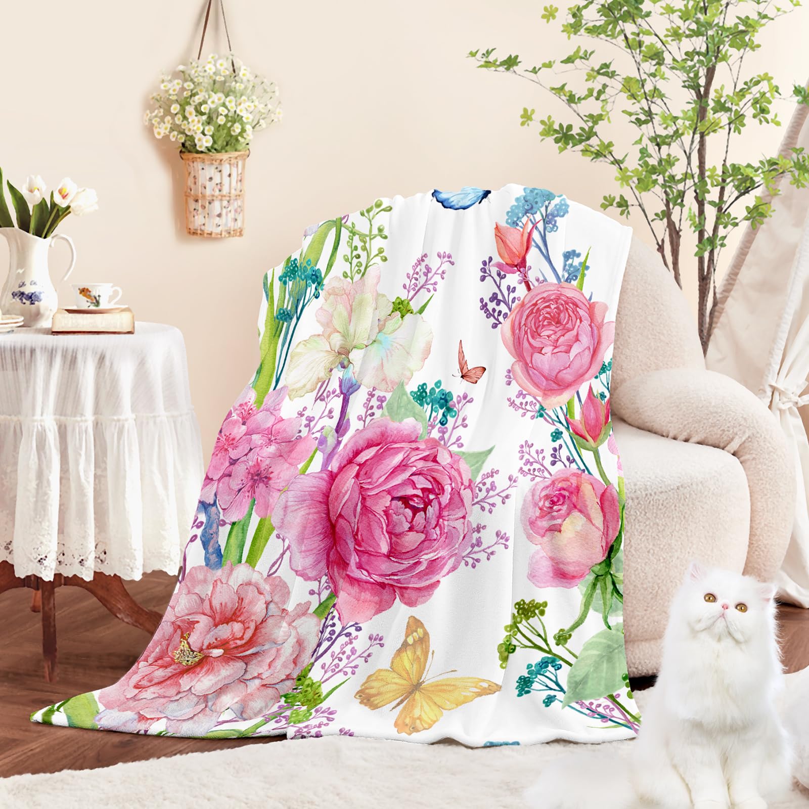 Jameswish Floral Throw Blanket For Girls Women Pink Butterfly Soft Fuzzy Flannel Bed Blanket For Adults Plush Watercolor Flowers