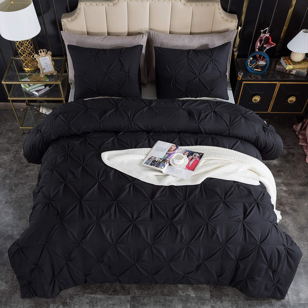 Andency California King Comforter Set Black (104X96Inch), Pinch Pleat Cal King Comforter Set 3 Pieces, Oversized King Pintuck Bed Comforter, Microfiber Down Alternative Comforter Bedding Set