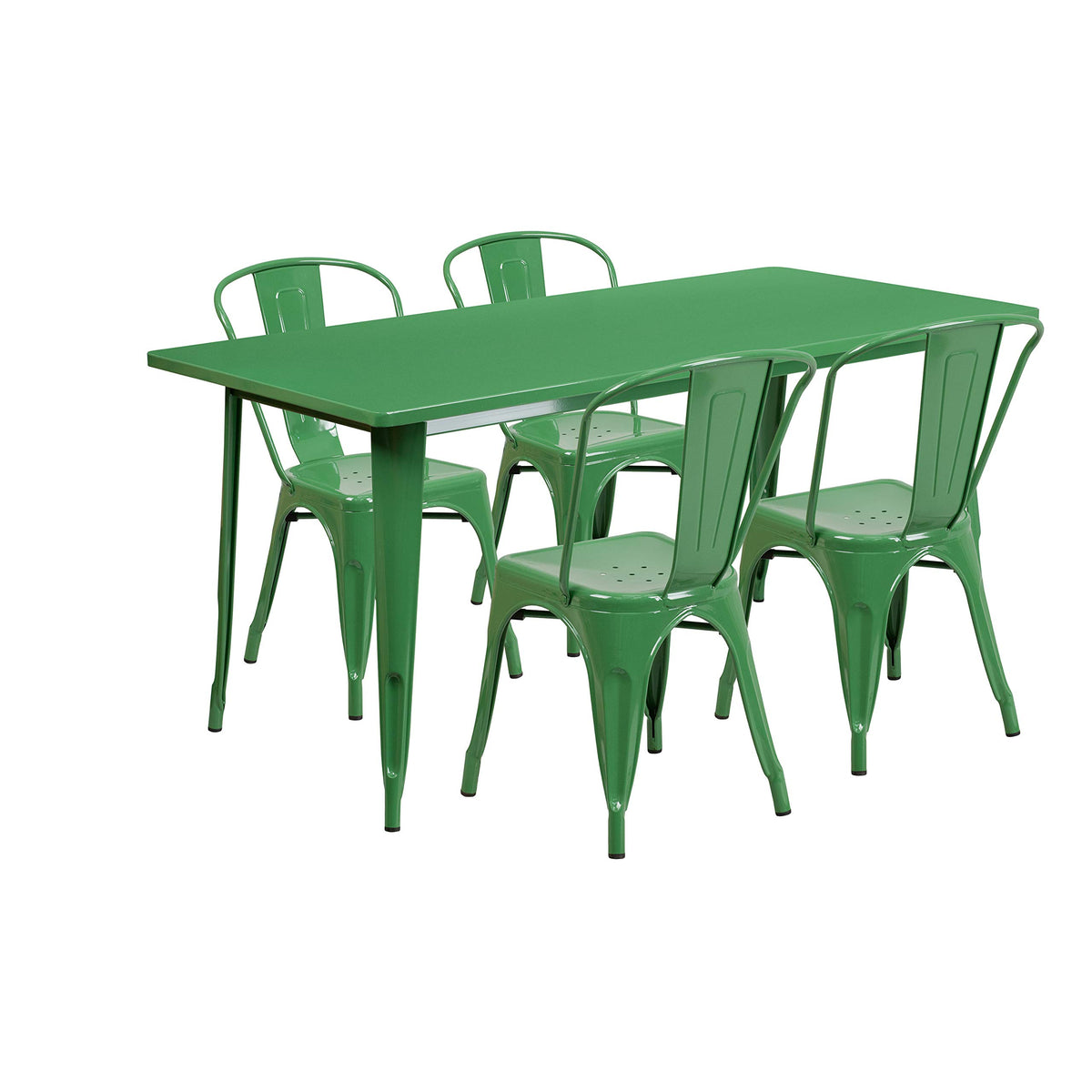 Flash Furniture Commercial Grade 31.5" x 63" Rectangular Green Metal Indoor-Outdoor Table Set with 4 Stack Chairs