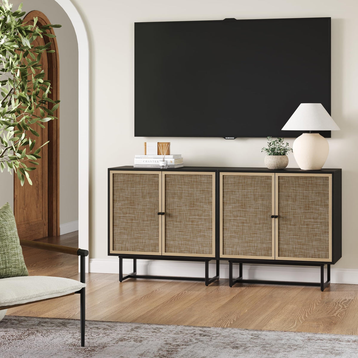 Nathan James Kova Rattan Wood Accent Sideboard Storage Cabinet Tv Stand With Matte Metal Frame, Adjustable Shelves And Cane Doors, For Hallway, Entryway Or Living Room, Black Oak/Cane, Set Of 2