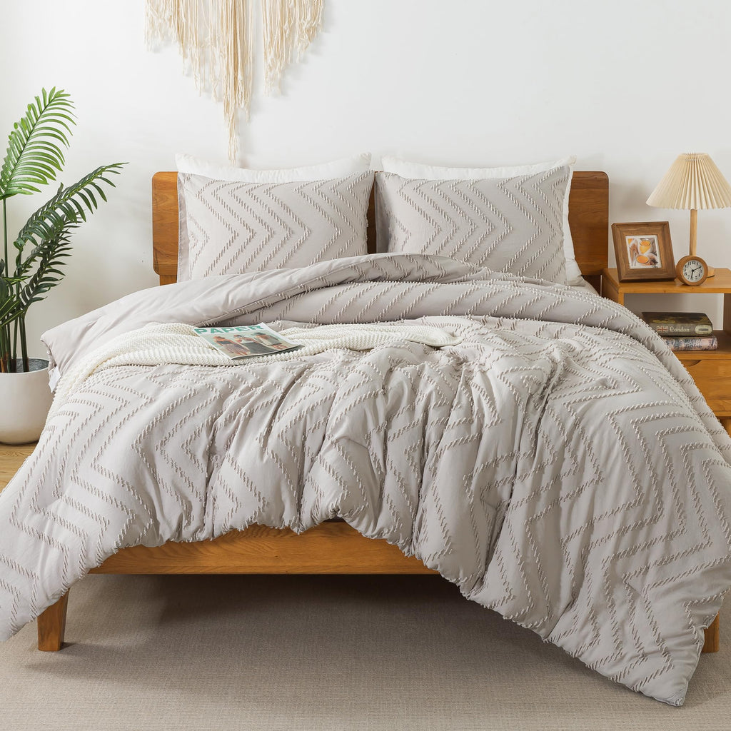 Litanika Linen California King Comforter Set, 3 Pieces Cal King Oversized Chevron Tufted Boho Bedding Comforter Sets, Fluffy Bed