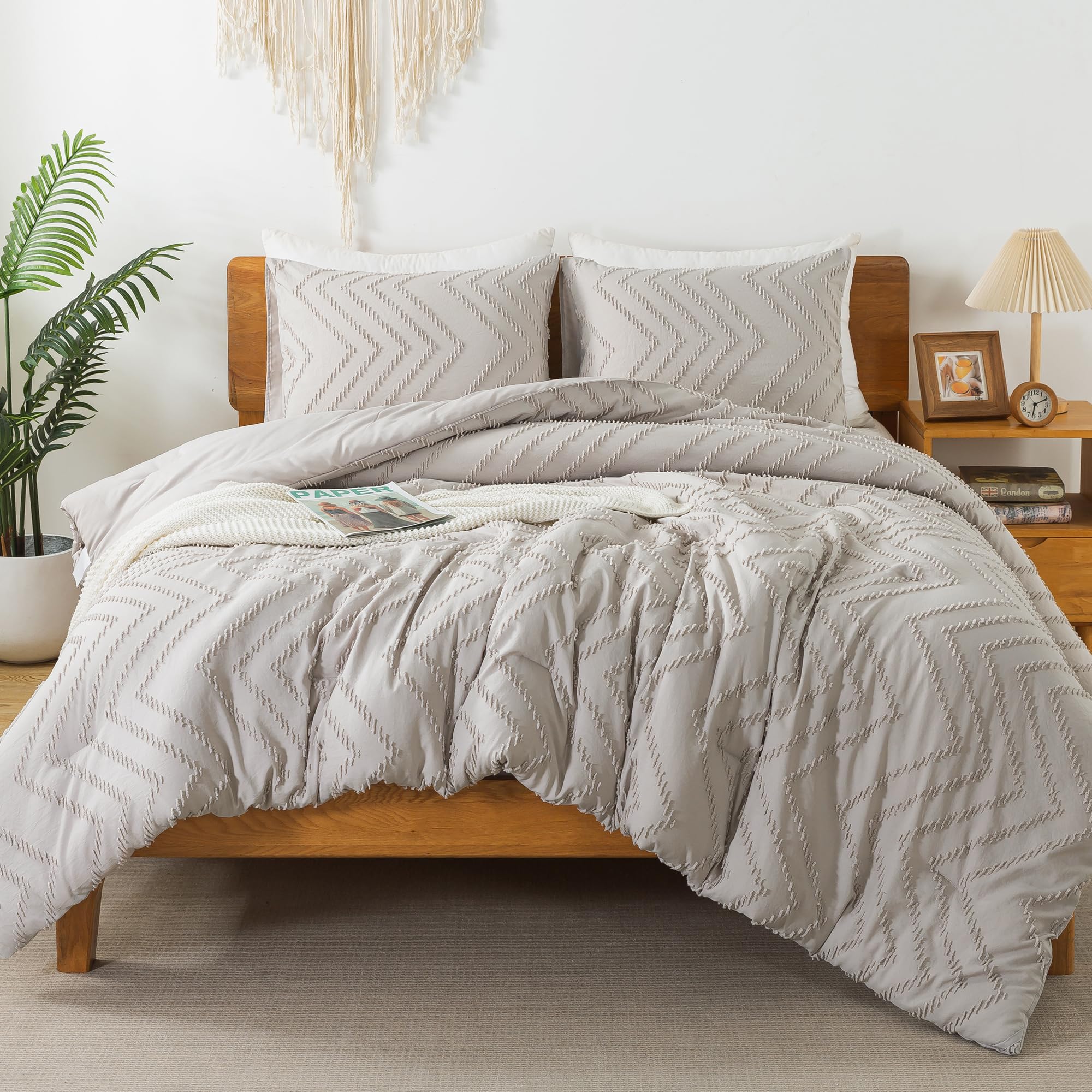 Litanika Linen California King Comforter Set, 3 Pieces Cal King Oversized Chevron Tufted Boho Bedding Comforter Sets, Fluffy Bed
