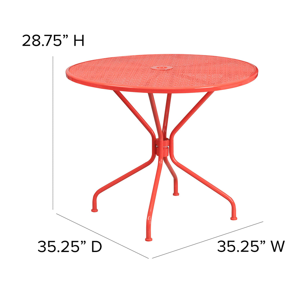 Flash Furniture Oia Commercial Grade 35.25" Round Coral Indoor-Outdoor Steel Patio Table with Umbrella Hole