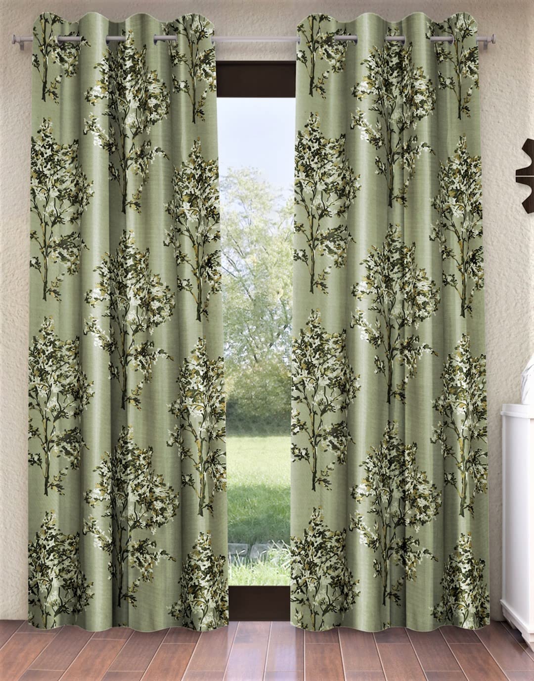 Fashion String 2 Pieces Floral Blossoms Eyelet Polyester Door Curtains  7 Feet, Green