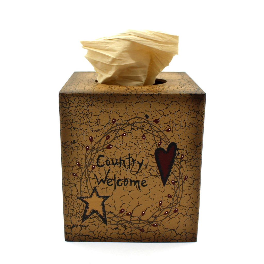 Cvhomedeco. Primitives Square Tissue Box Cover Rustic Country Welcome Cardboard Tissue Box Holder For Home/Bath Decor, 5-1/4 X 5
