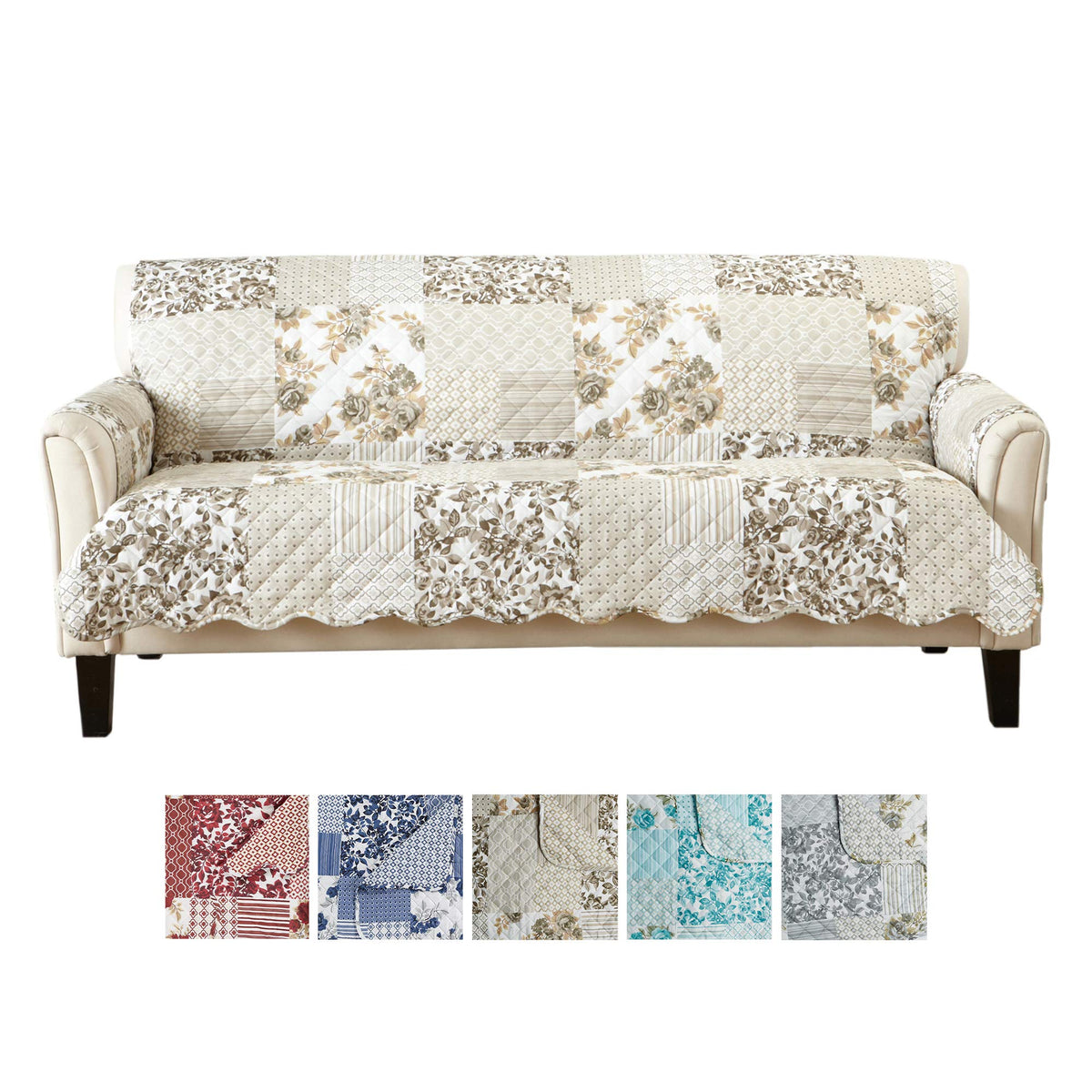 Great Bay Home Patchwork Scalloped Printed Furniture Protector Stain Resistant Sofa Cover (Sofa, Taupe)