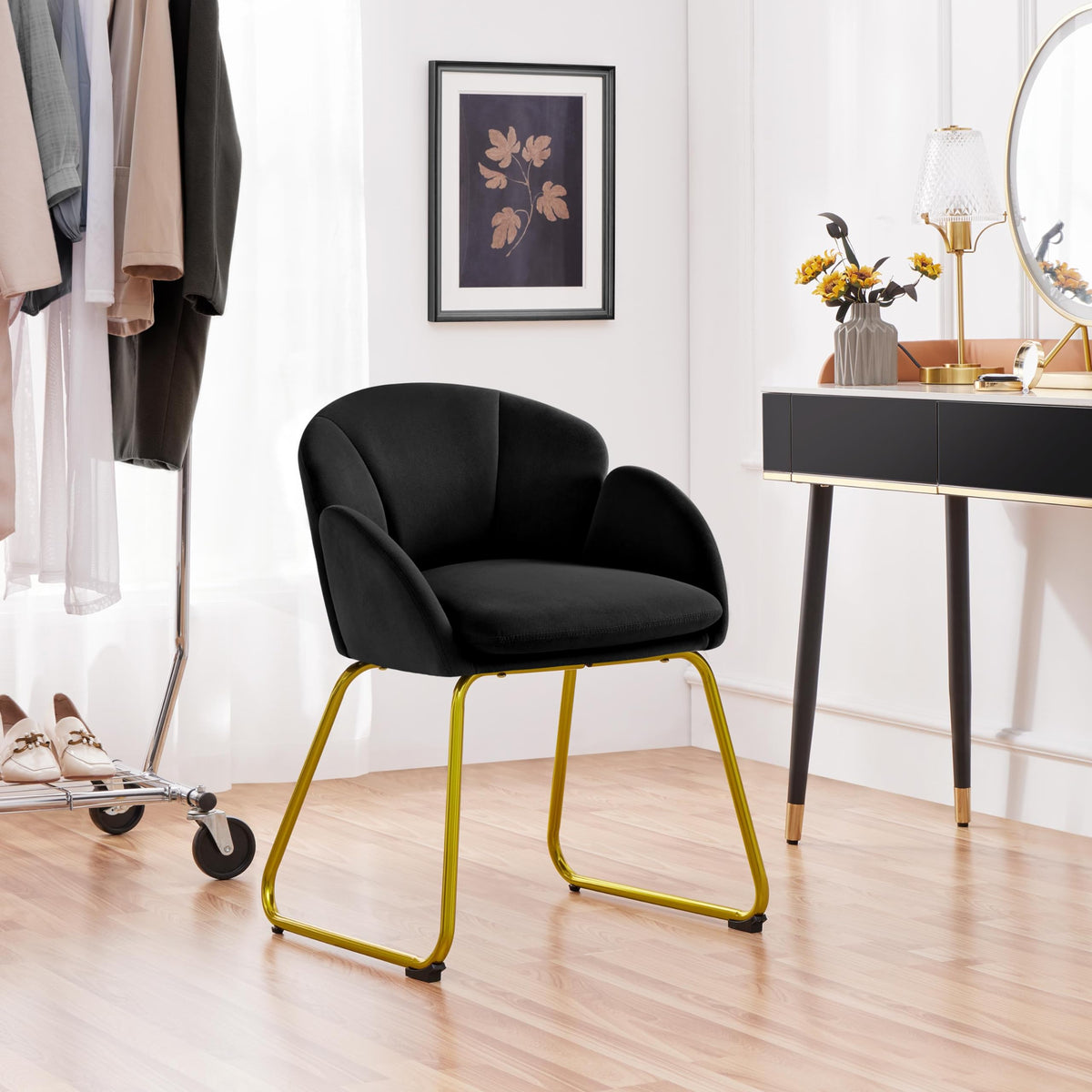 Yaheetech Modern Velvet Armchair, Flower Shaped Makeup Chair Vanity Chair With Golden Metal Legs For Living Room/Makeup Room/Bedroom/Home Office/Kitchen, Black